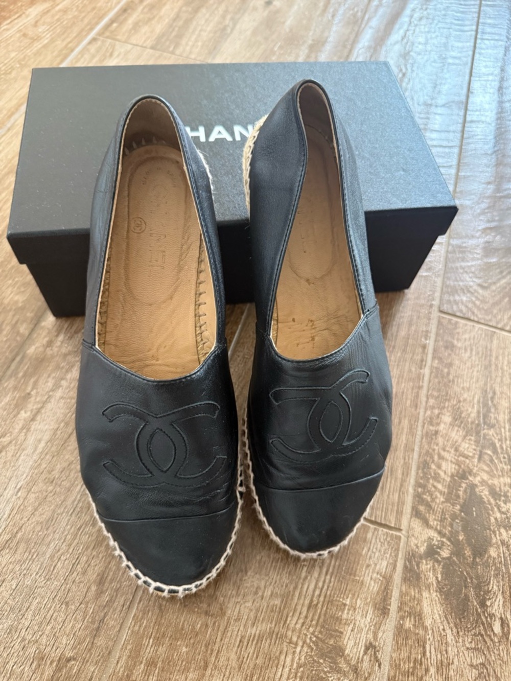 CHANEL Black Leather Espadrilles with CC Logo